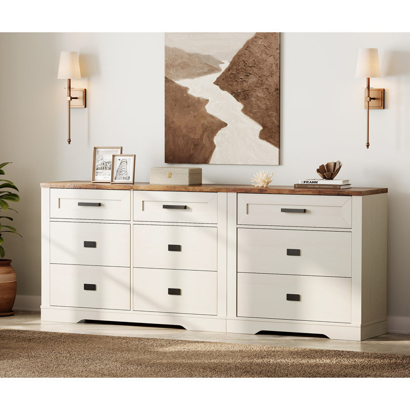 Latitude Run 2 in 1 Dresser with 9 Drawers for Bedroom Wooden Dressers with Small Chest of Drawers Mid Century Modern Dresser with Metal Handles for